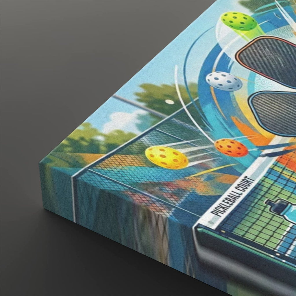 A rectangular canvas wall art print shown at an angle on a dark gray background. The artwork depicts a colorful pickleball court scene with paddles, balls, net, trees, and blue sky tones.