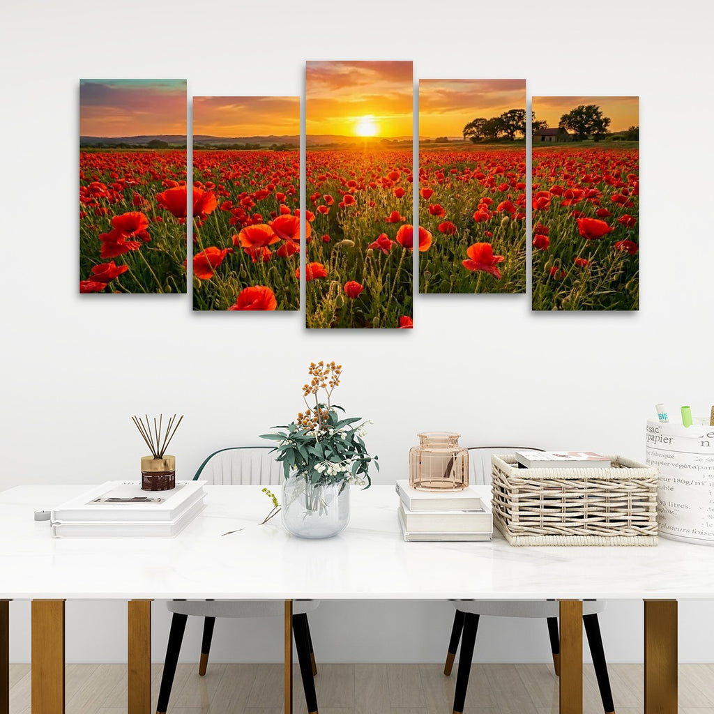 Golden Hour Poppy Field Canvas Wall Art – Fields of Fire | 5-Panel Level Nature Landscape Print