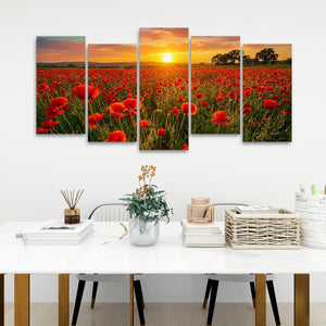 Fields of Fire – Golden Hour Poppy Field 5-Panel Canvas Wall Art