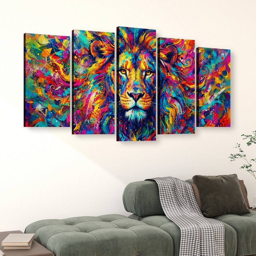 A five-panel canvas wall art set depicting a colorful, vibrant painted lion face, displayed on a white wall above a green sofa in a living room setting.