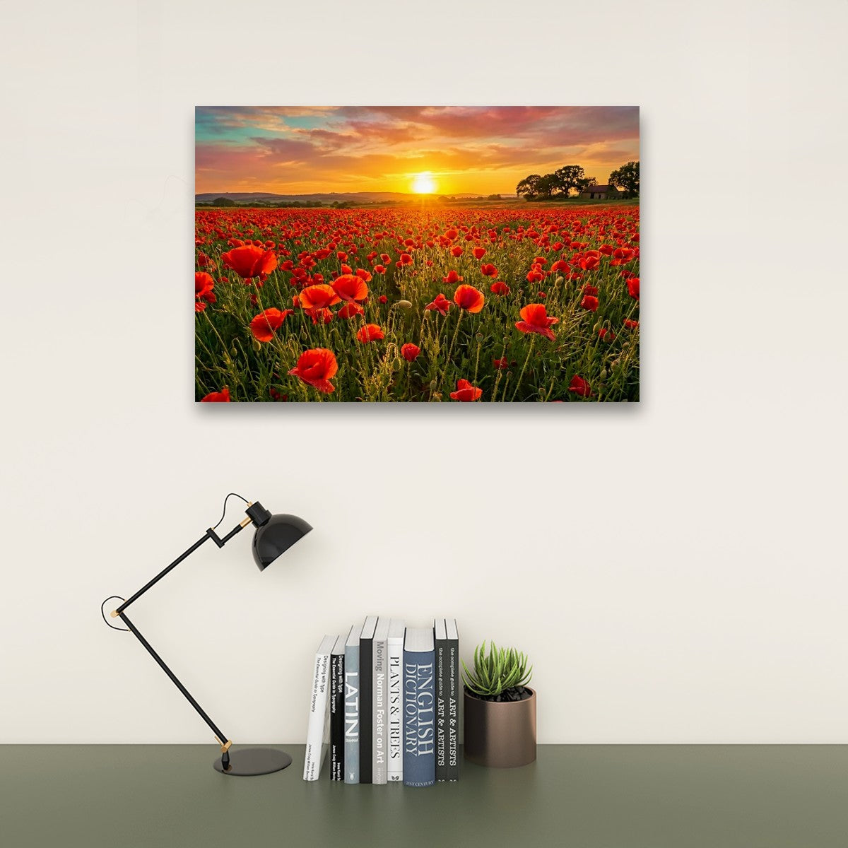 Golden Hour Poppy Field Canvas Wall Art – Fields of Fire | 5-Panel Level Nature Landscape Print
