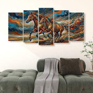 A five-panel canvas wall art set depicting a dramatic, colorful painting of a galloping horse, displayed above a green sofa in a living room setting.