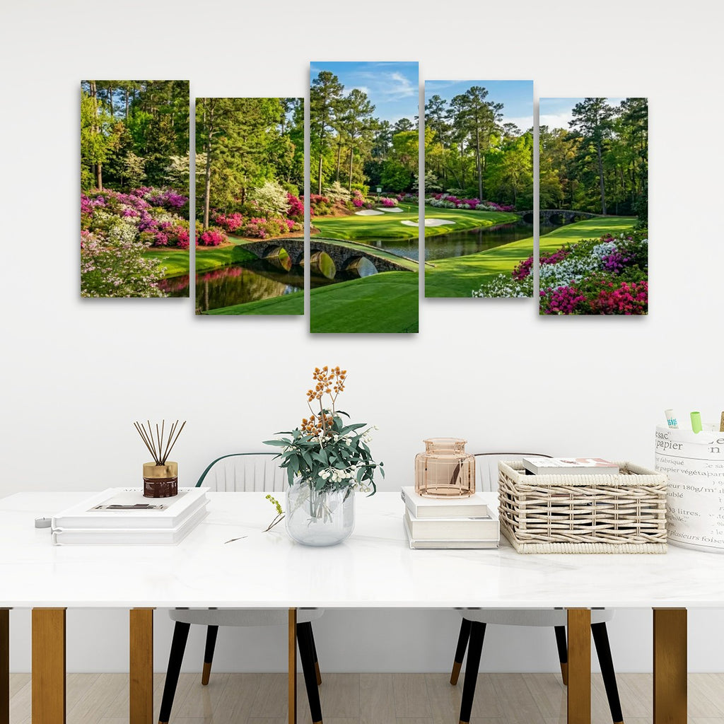 Georgia Golf Course Canvas Wall Art — Flowers, Water & Bridge Multi-Panel Print