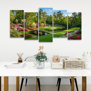 Georgia Golf Course Canvas Wall Art — Flowers, Water & Bridge Multi-Panel Print