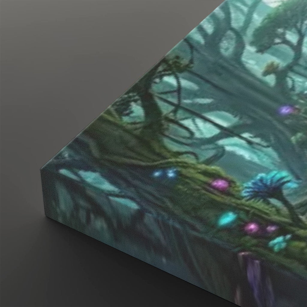 A rectangular art print or canvas shown at an angle on a dark gray background, featuring a fantasy forest scene with glowing multicolored mushrooms and mossy tree roots.