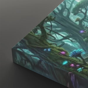 A rectangular art print or canvas shown at an angle on a dark gray background, featuring a fantasy forest scene with glowing multicolored mushrooms and mossy tree roots.