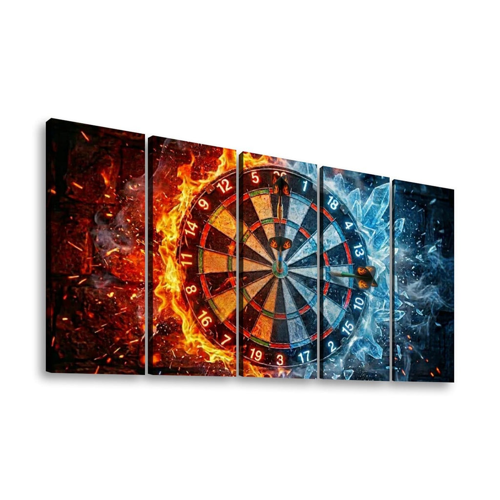 A five-panel canvas wall art set depicting a dartboard split visually by fiery orange-red flames on the left and icy blue-white effects on the right, shown against a plain white background.