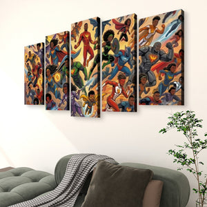 A 5-panel canvas wall art set depicting a dynamic group of superheroes, displayed on a white wall above a green sofa in a living room setting.