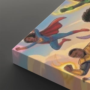 A rectangular canvas print shown at an angle on a dark gray background, featuring a painted scene of superheroes flying through clouds. The artwork includes a blue-suited hero with a red cape and another hero in yellow and blue at the lower right.