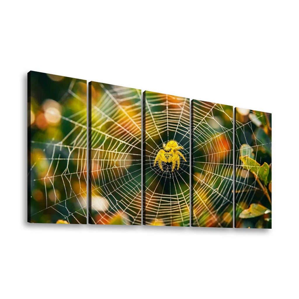 A five-panel canvas wall art set depicting a yellow spider centered within a detailed spiderweb against a blurred green and orange natural background, shown on a white wall.