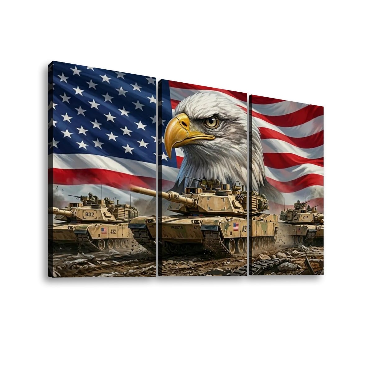 US American Flag Bald Eagle Army Tanks Military Split Canvas Panel Wall Art 1, 3, 5 Panel