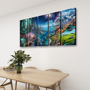 A four-panel canvas wall art set depicting a colorful fantasy landscape with glowing forests, water, mountains, and dramatic sky, displayed above a light wood dining table in a modern room setting.