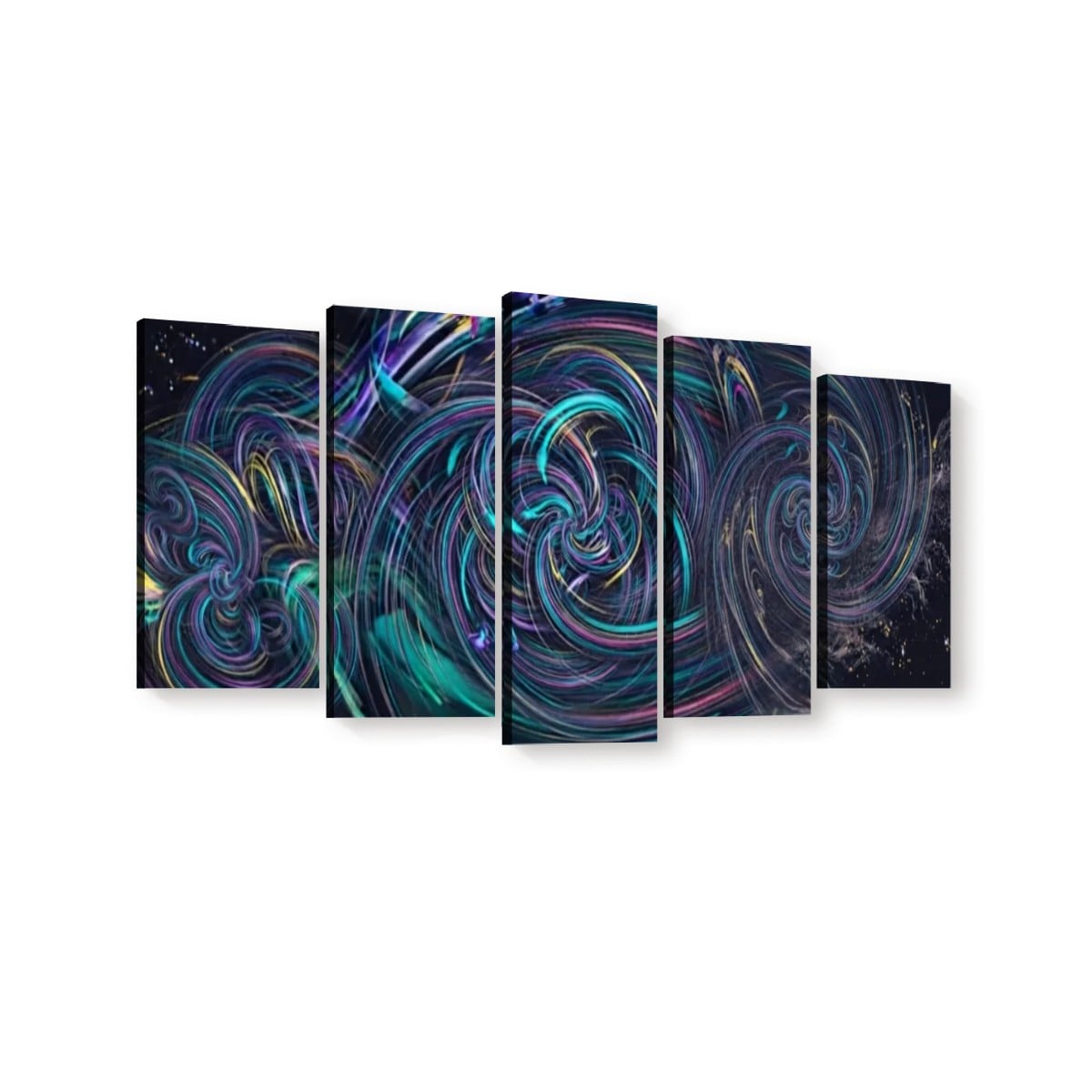 A five-panel canvas wall art set featuring an abstract cosmic swirl design in dark space tones with glowing teal, purple, pink, and blue light trails.