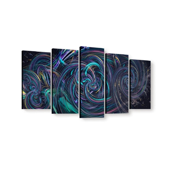 A five-panel canvas wall art set featuring an abstract cosmic swirl design in dark space tones with glowing teal, purple, pink, and blue light trails.