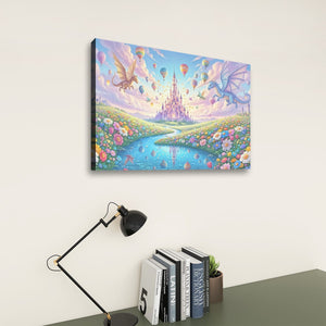 A colorful fantasy wall art canvas print hanging on a light beige wall above a dark gray desk with a black desk lamp and books.