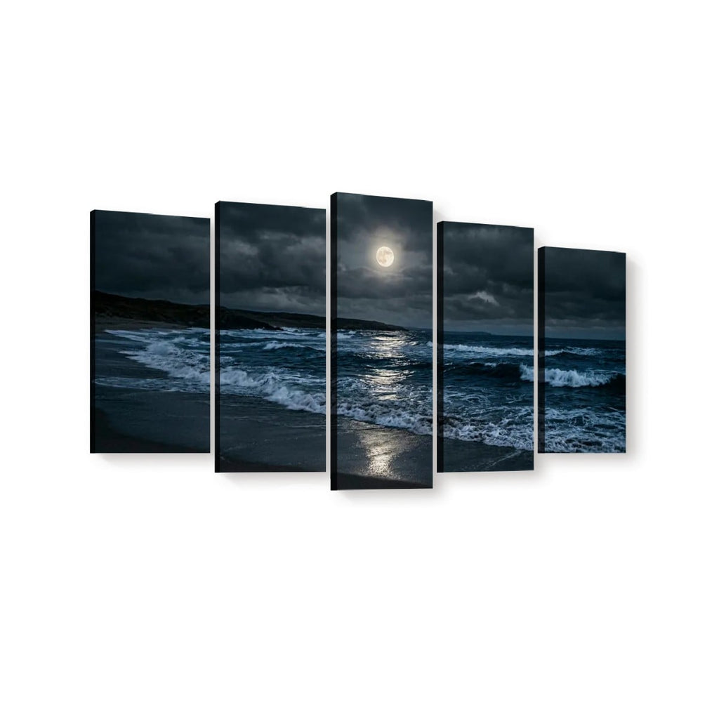 A five-panel canvas wall art set depicting a dramatic night ocean scene with dark storm clouds, waves, and a bright full moon reflecting on the water, shown against a plain white background.