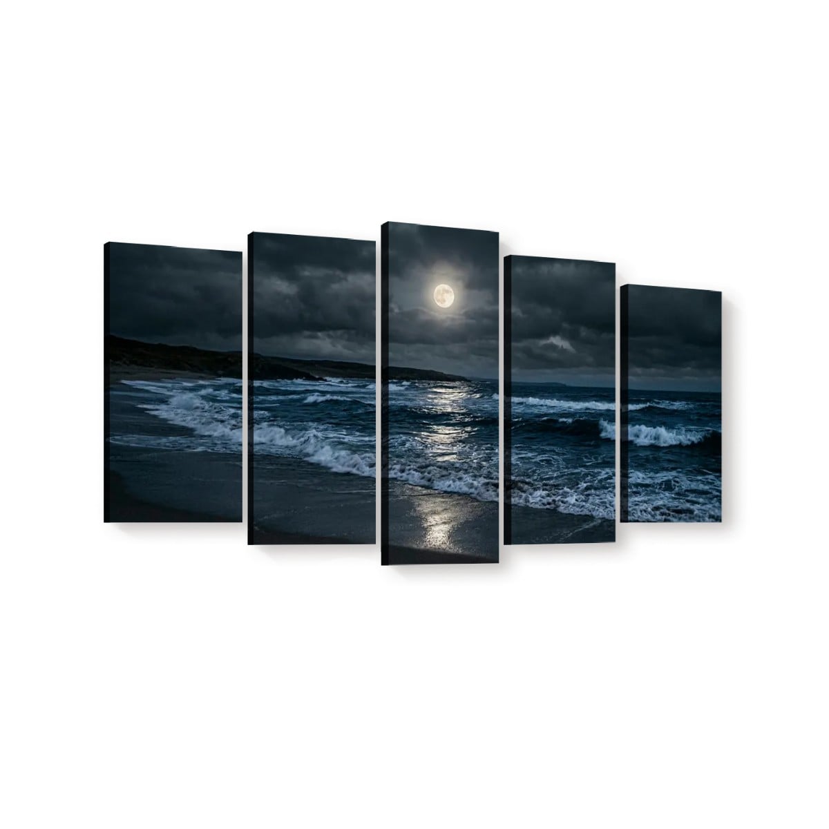 A five-panel canvas wall art set depicting a dramatic night ocean scene with dark storm clouds, waves, and a bright full moon reflecting on the water, shown against a plain white background.