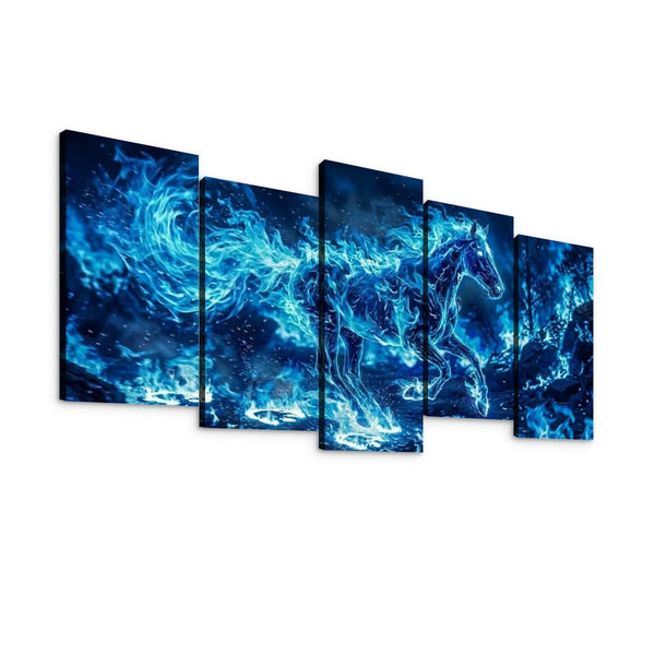 Blue Fire Horse Abstract Canvas Wall Art – Original Equine Art | 1, 3 & 5 Panel Living Room Print