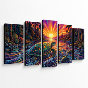 A five-panel canvas wall art set depicting a colorful fantasy landscape with a sea turtle in flowing water at sunset, shown against a plain light background.