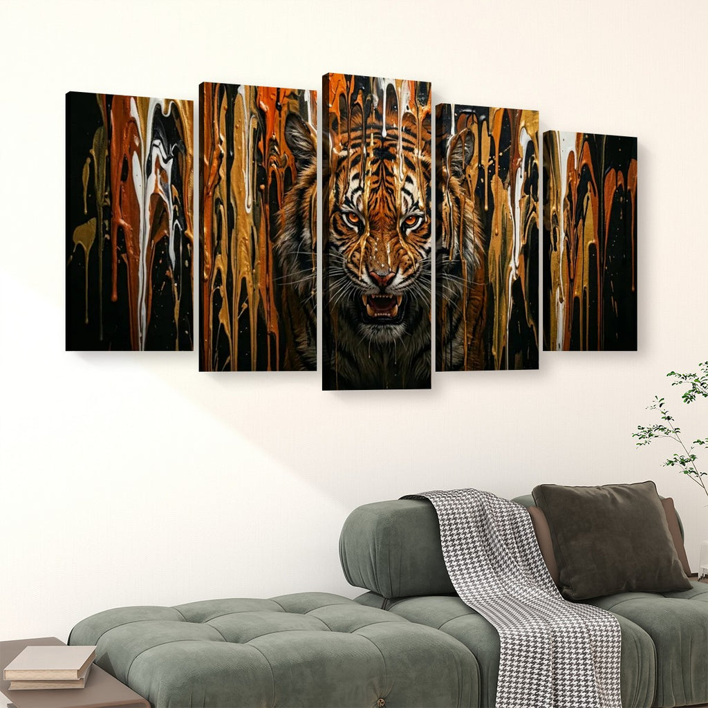 Tiger Bursting Through Dripping Paint Canvas Wall Art – Unleashed | Multi-Panel Wildlife Print