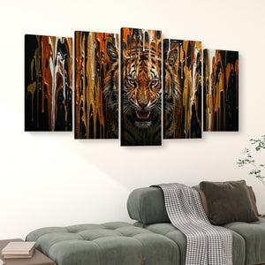 Unleashed – Tiger Bursting Through Dripping Paint 5-Panel Canvas Wall Art