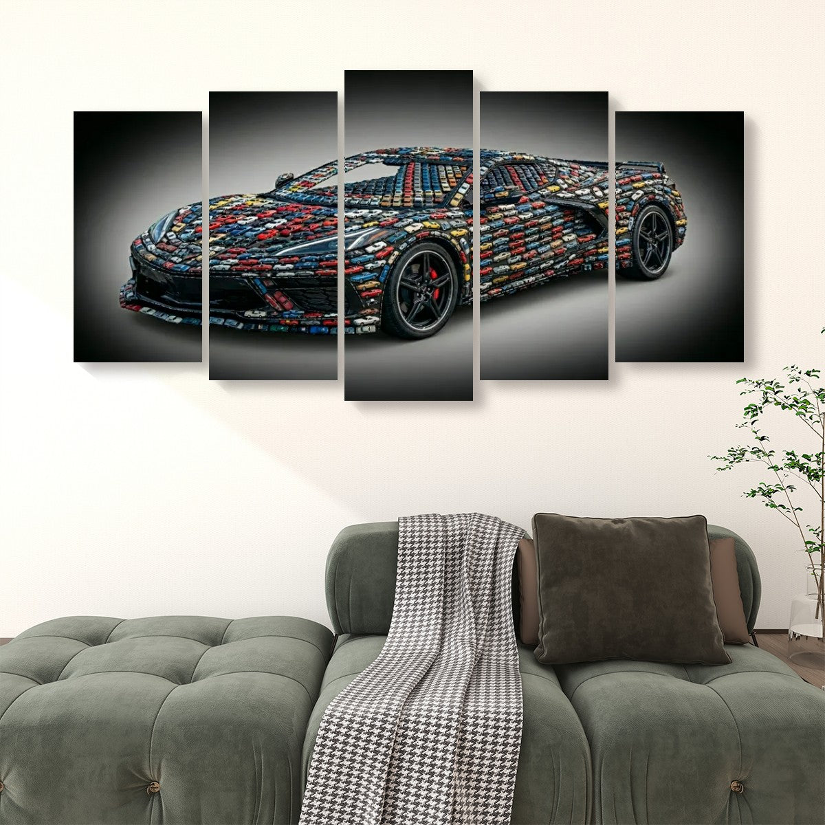 A multi-panel canvas wall art set depicting a sports car made of colorful mosaic-like blocks, displayed above a green sofa in a living room setting.