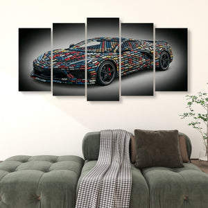 A multi-panel canvas wall art set depicting a sports car made of colorful mosaic-like blocks, displayed above a green sofa in a living room setting.