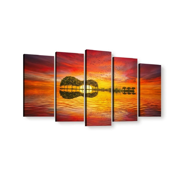 A five-panel canvas wall art set depicting a dramatic sunset over water with tree silhouettes and reflections, shown against a plain white background.
