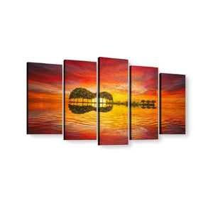 A five-panel canvas wall art set depicting a dramatic sunset over water with tree silhouettes and reflections, shown against a plain white background.