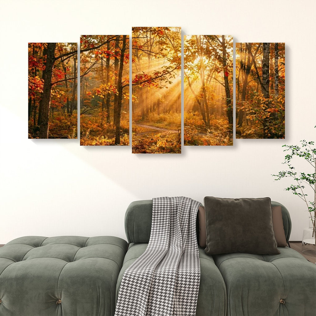 Autumn Forest Fall Sun Rays Canvas Panel Wall Art Living Bed Room Print