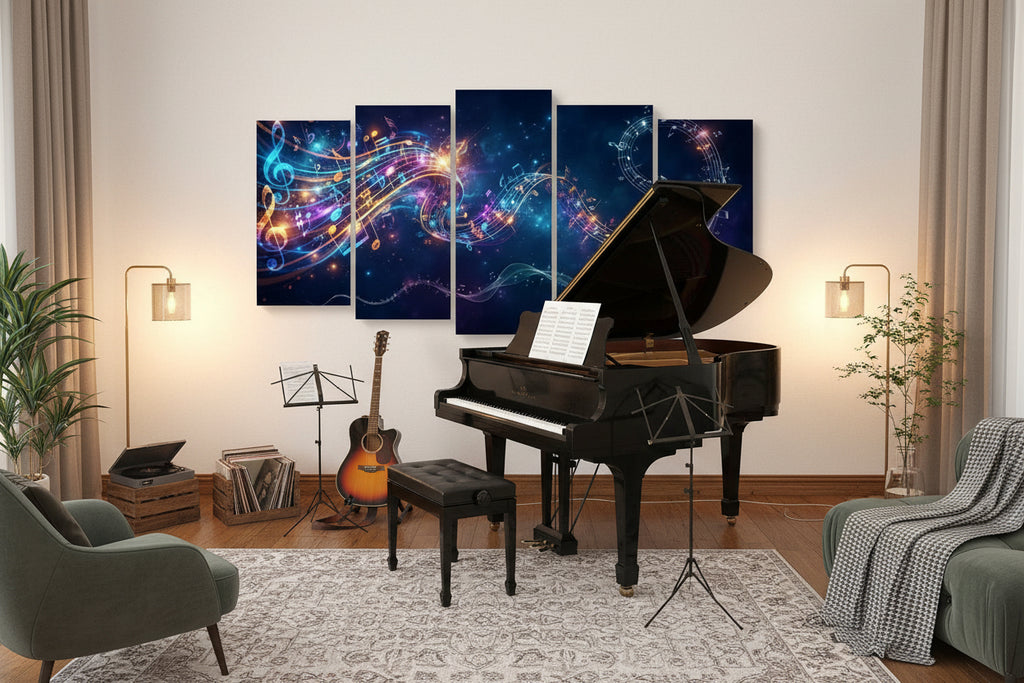A 5-panel canvas wall art set depicting a cosmic, colorful musical theme with flowing light waves, musical notes, and stars on a dark navy background.