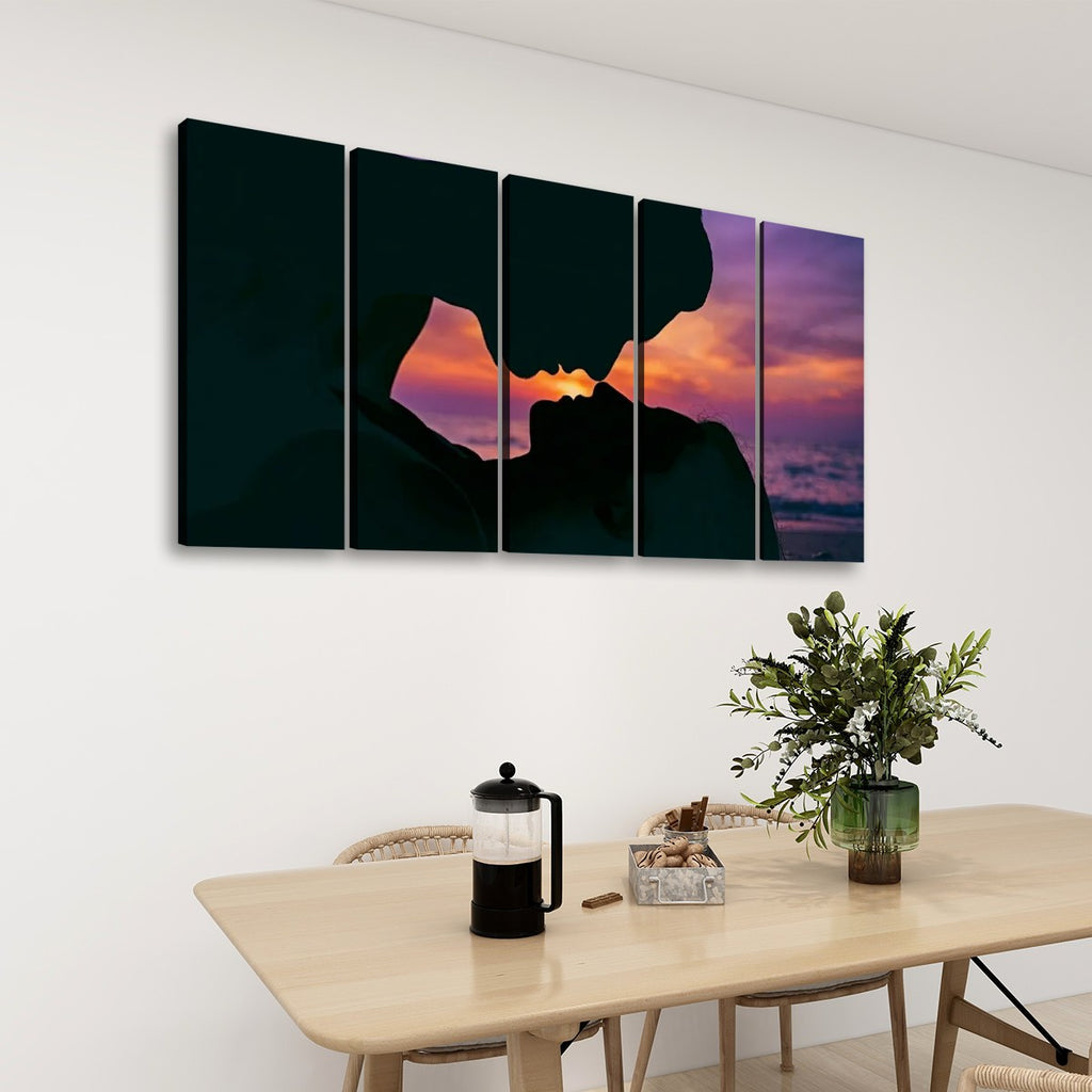 Loving Couple Kissing at Sunset on Gulf Ocean Beach — Multi-Panel Canvas Wall Art