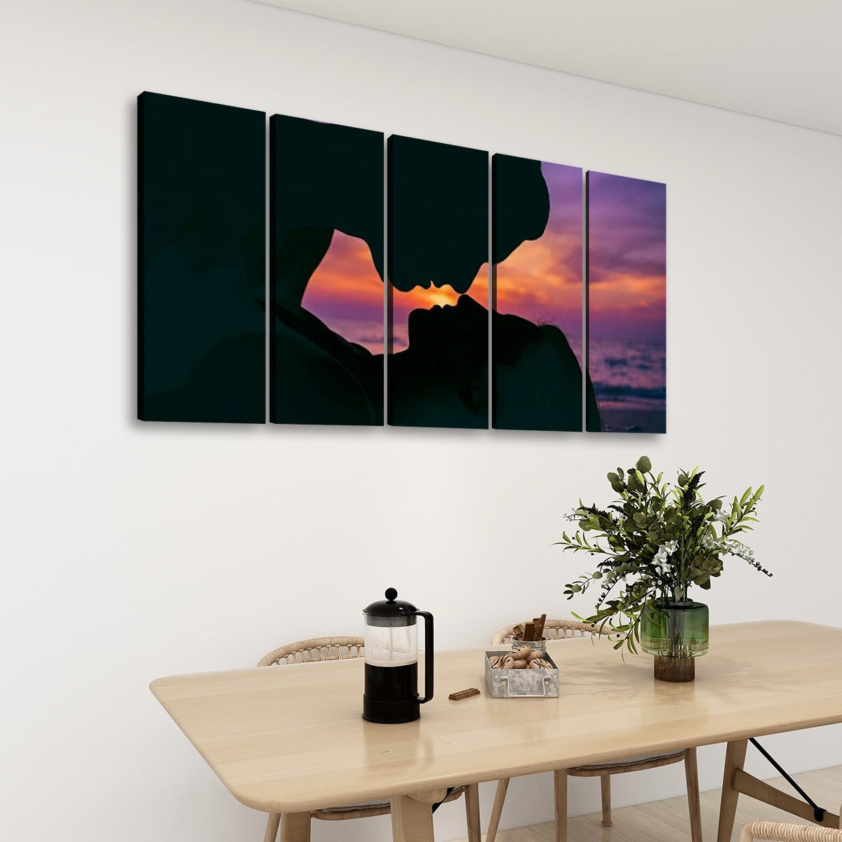 Loving Couple Kissing at Sunset on Gulf Ocean Beach — Multi-Panel Canvas Wall Art