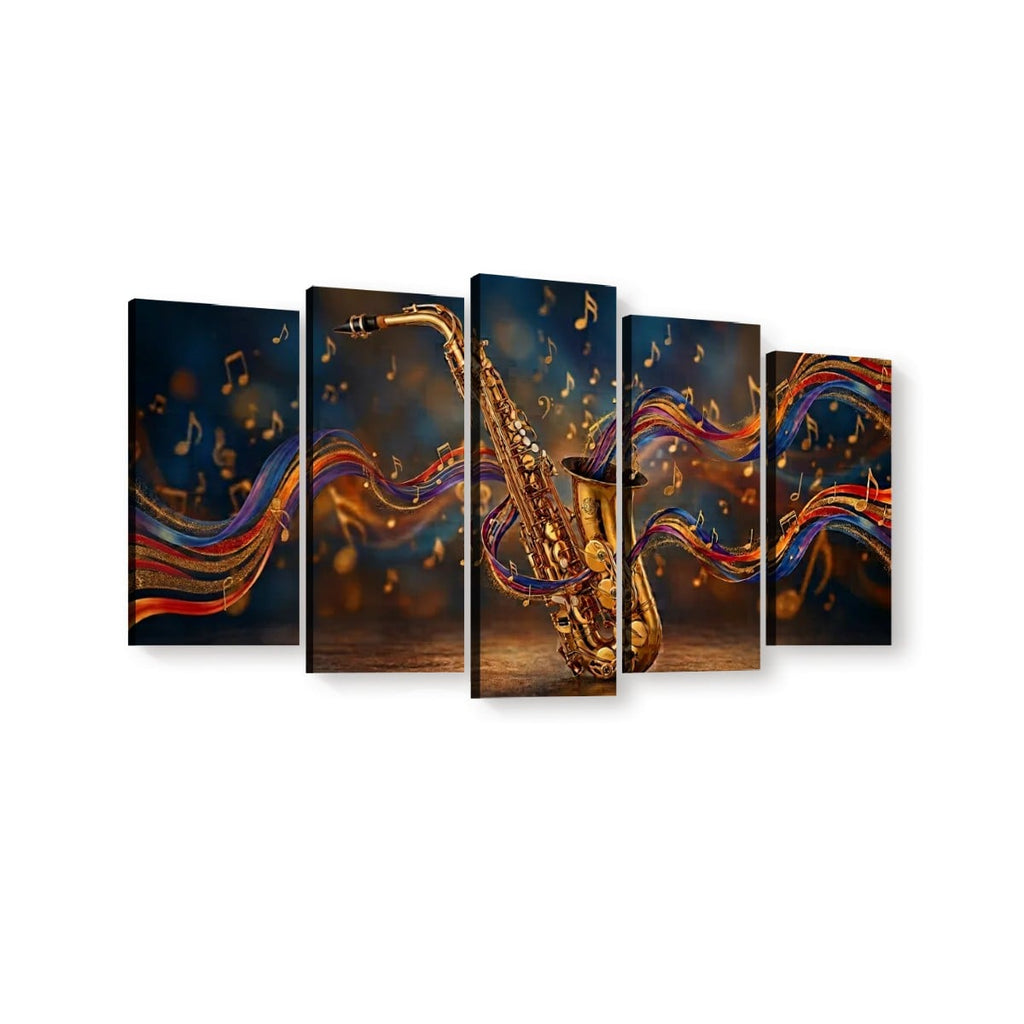 A 5-panel canvas wall art set featuring a golden saxophone with flowing multicolored musical notes and ribbon-like lines against a dark blue and brown background.