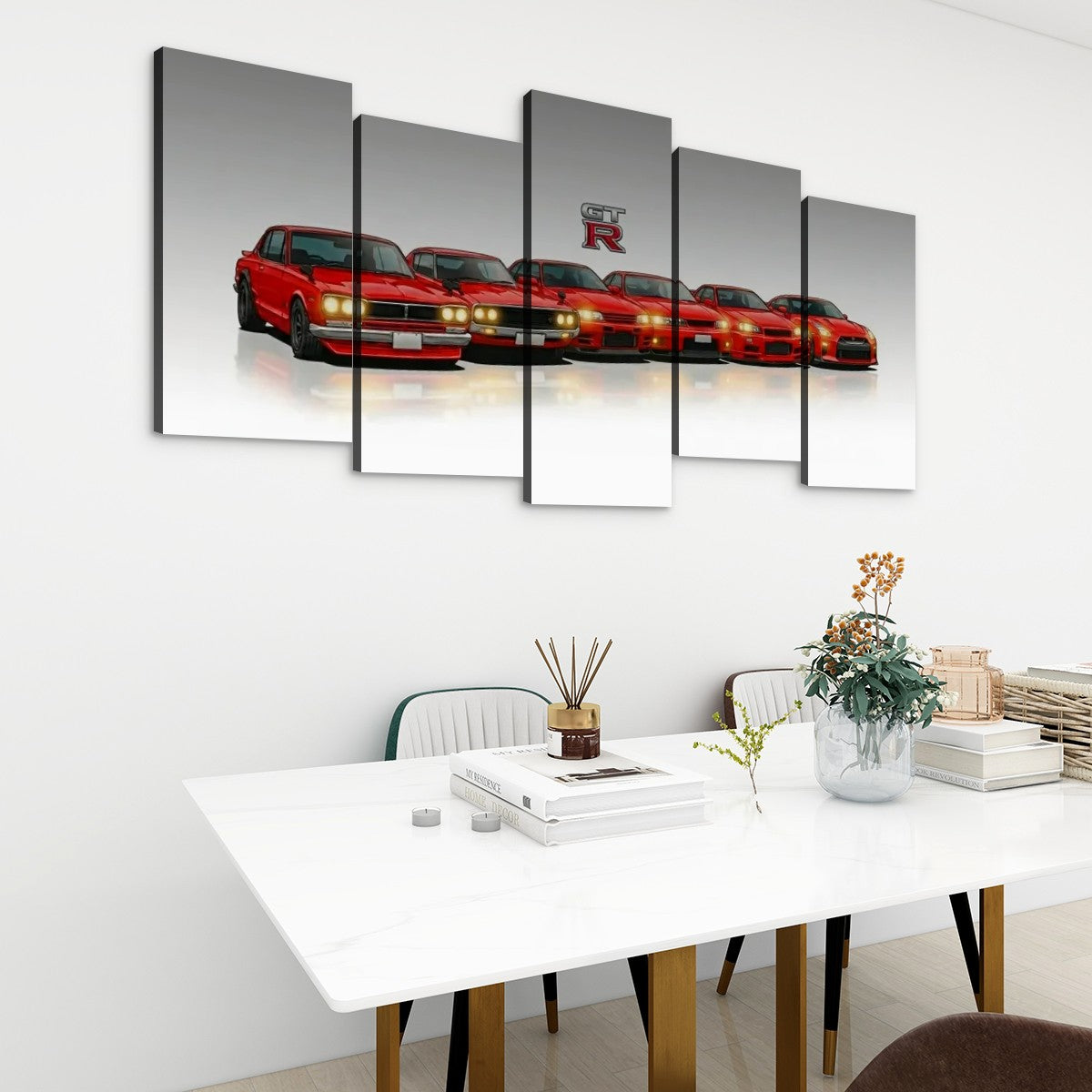 A 5-panel canvas wall art set depicting a lineup of red muscle cars with a large 'R' logo on the center panel, displayed on a white wall above a modern dining table with chairs and decorative items.