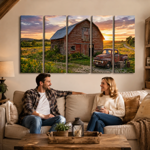 Ford F1 Pickup at Golden Hour — Rustic Bar & Sunset Canvas Wall Art