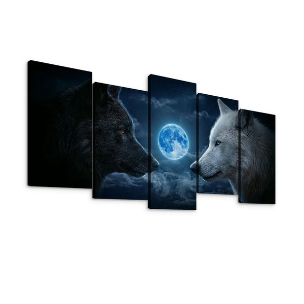 Blue Moon Wolves Canvas Wall Art – Wolf Pack Howling at the Moon | 1, 3 & 5 Panel Wildlife Print