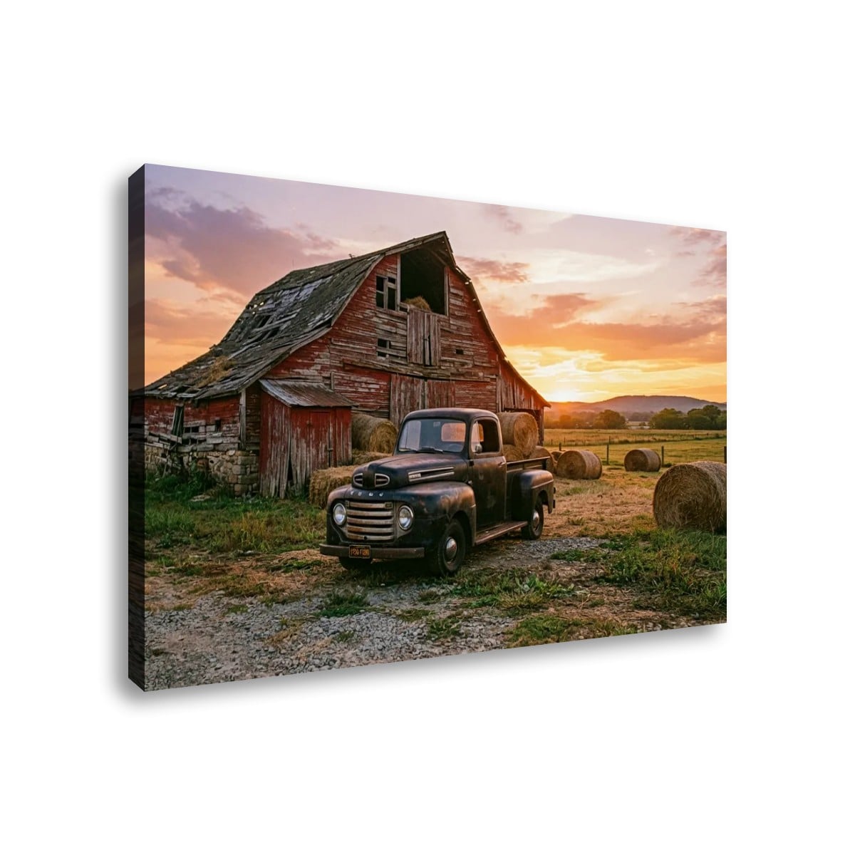 Ford F1 Patina Truck Canvas Wall Art – Old Barn Sunset | 1, 3 & 5 Panel Classic Truck Print
