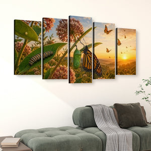 A five-panel canvas wall art set depicting a monarch butterfly, chrysalis, and wildflowers at sunset, displayed above a green sofa in a living room setting.