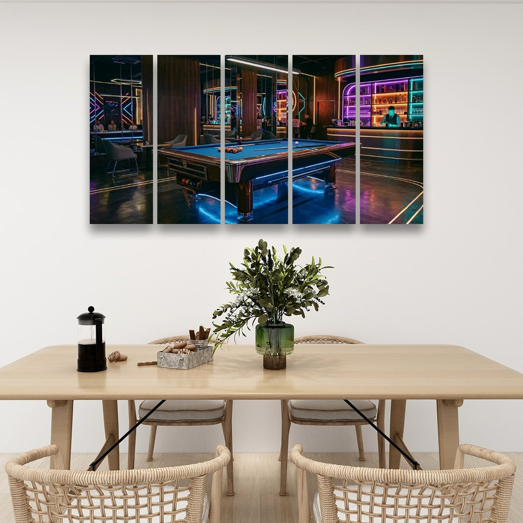 Billiards Pool Lounge Neon Lights Bar — 1, 3, 5-Panel Level Canvas Wall Art
