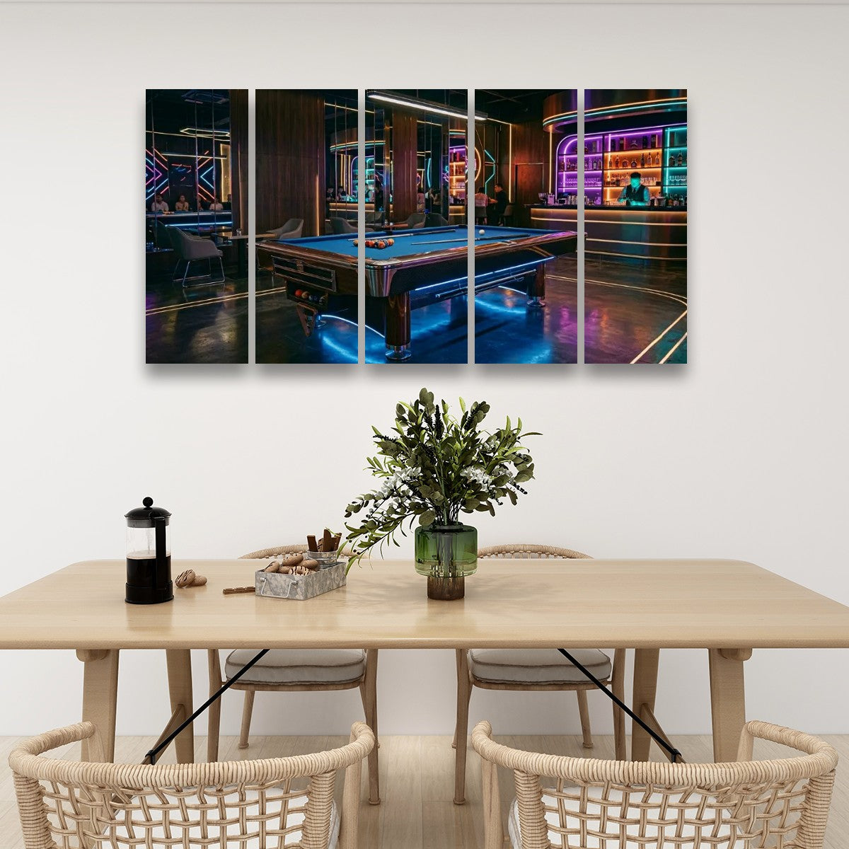 Billiards Pool Lounge Neon Lights Bar — 1, 3, 5-Panel Level Canvas Wall Art