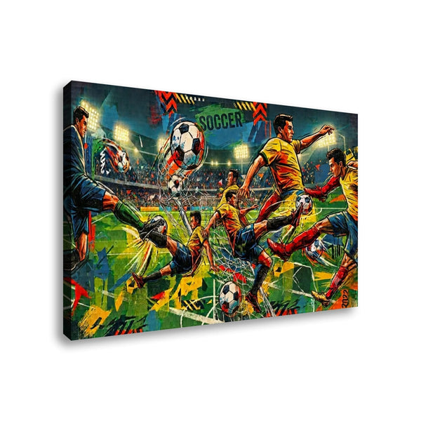 A rectangular canvas wall art print showing a dynamic soccer scene with players in yellow and blue uniforms, multiple soccer balls, and a stadium background, photographed against a plain white studio backdrop.