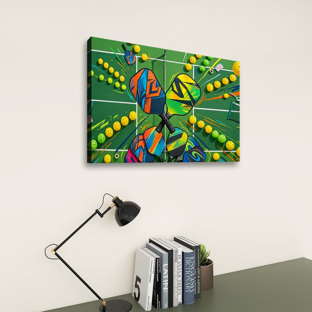 A colorful abstract canvas wall art print depicting pickleball rackets and pickleballs on a green court, shown hanging on a light beige wall above a desk with a black lamp and books.