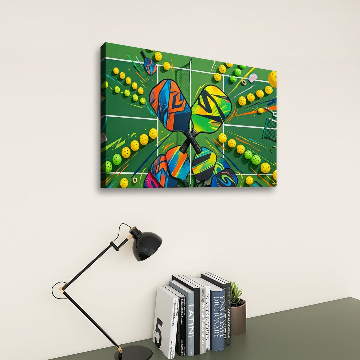 A colorful abstract canvas wall art print depicting pickleball rackets and pickleballs on a green court, shown hanging on a light beige wall above a desk with a black lamp and books.