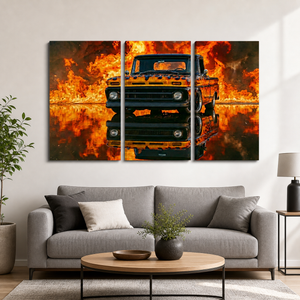 Flaming 1966 Chevy C10 Canvas Wall Art – Fire & Flames Classic Truck | 5-Panel Level Garage Décor Print