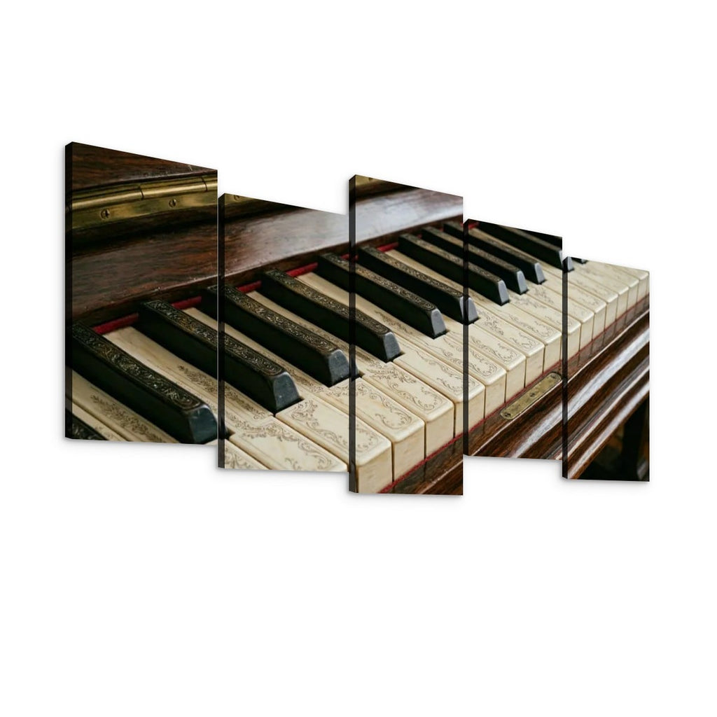 A multi-panel canvas wall art print depicting a close-up of a piano keyboard and wooden casing, shown against a plain white background.