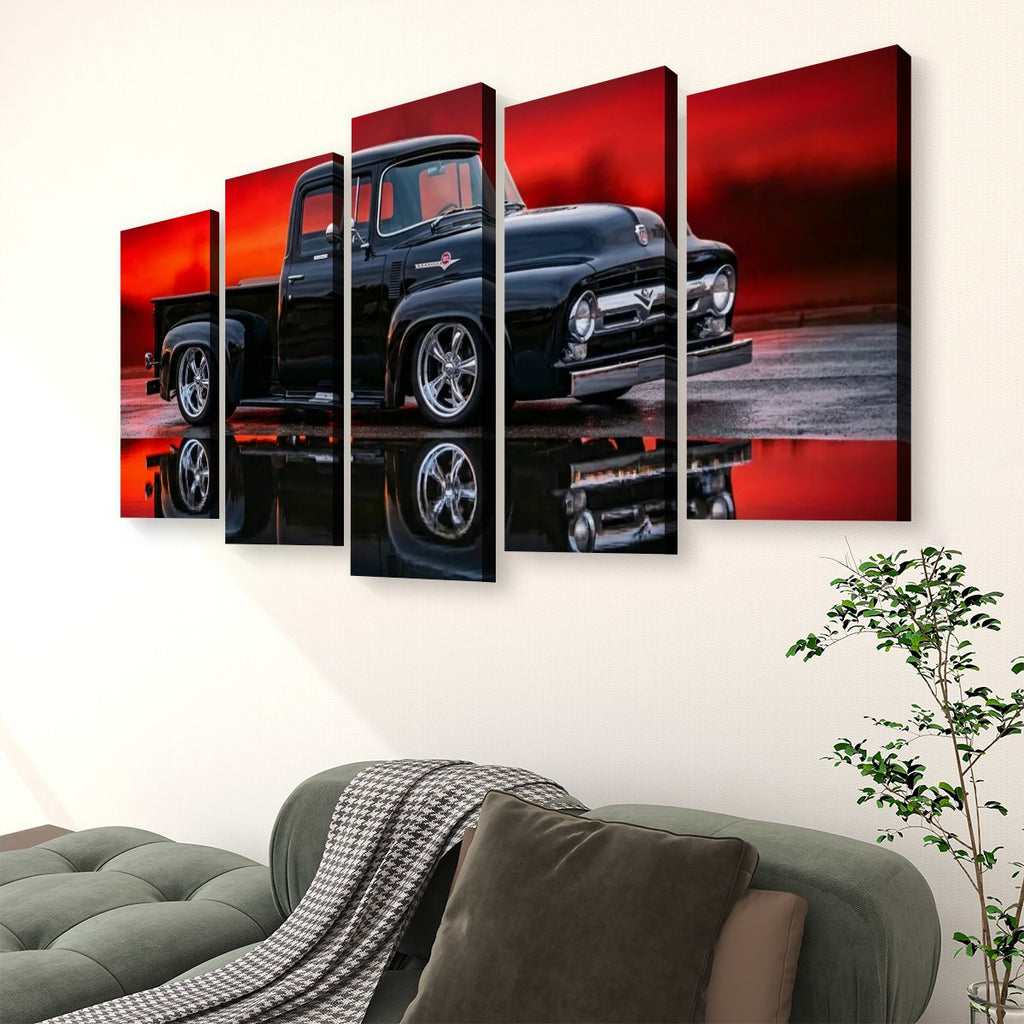 1956 Ford F100 Truck Reflection & Red Glow Canvas Wall Art | 1, 3 & 5 Panel Classic Truck Print