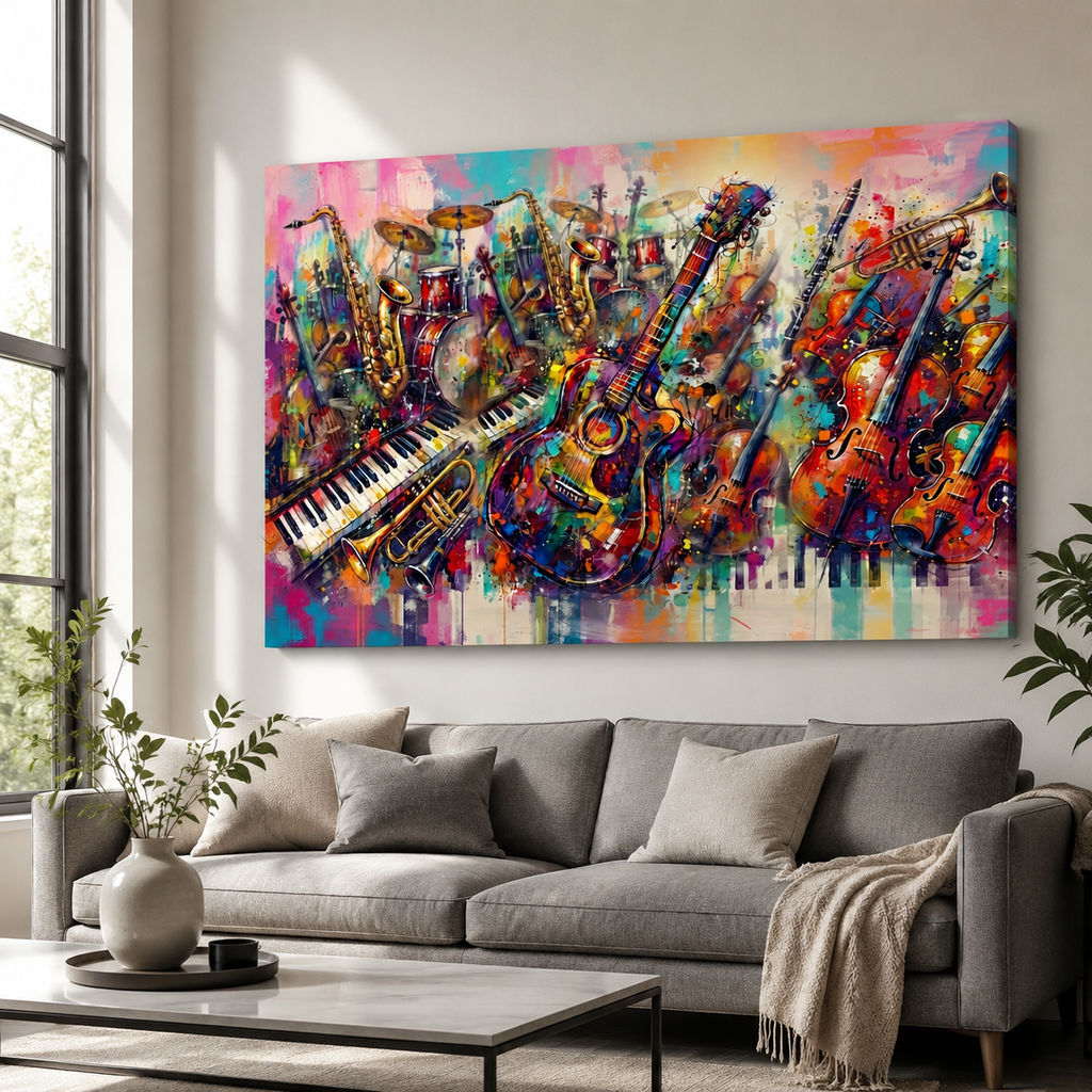 A large rectangular wall art canvas featuring a colorful abstract musical scene with guitars, violins, a keyboard, and brass instruments, displayed above a gray sofa in a modern living room.