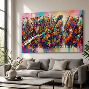 A large rectangular wall art canvas featuring a colorful abstract musical scene with guitars, violins, a keyboard, and brass instruments, displayed above a gray sofa in a modern living room.