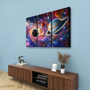 Three-panel canvas wall art depicting a colorful outer space scene with planets and stars, displayed above a wooden console table against a light blue wall.